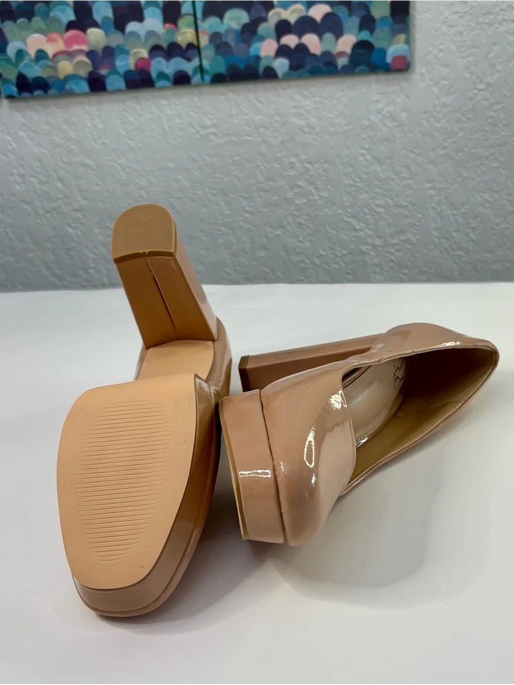 New York & Company Nude Patent Platform Block Heels